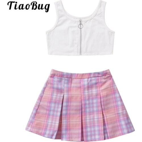 2pcs Set Girl Jazz Dance Costumes Children Stage Dance Clothes Kid Hip hop Dance Suit Zipper Front Crop Top with Pleated Skirt