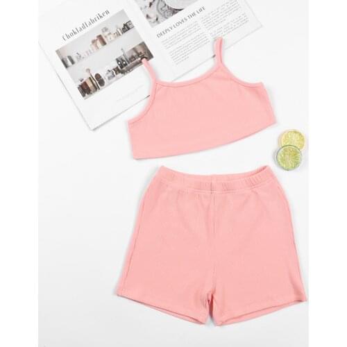 Summer Little Girls 2Pcs Casual Outfits Sleeveless Boat Collar Rib Knit Strap Crop Tops + Elastic Waist Shorts Set Pink
