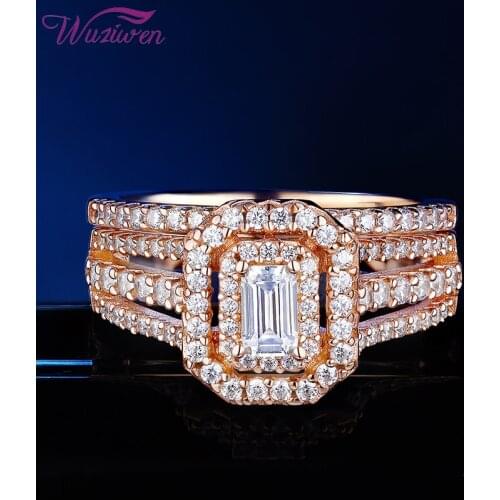 Wuziwen Solid 925 Sterling Silver Wedding Ring Set For Women Rose Gold Color Emerlad Cut AAA Cubic Zircons Bridal Set BR0981