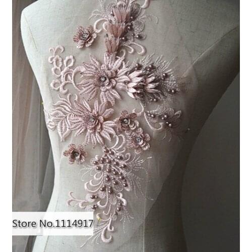 3D Beaded Wedding Dress Lace Applique Flower Fabric Patch Handmade DIY Bridal Headdress Lace Collar 2pcs/lot