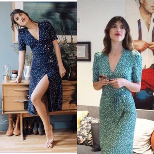 2020 Summer Classic French Tea Break Dress Short-sleeved Printed Wrap Skirt Super Slim One-piece Button Wrap Womens Clothing