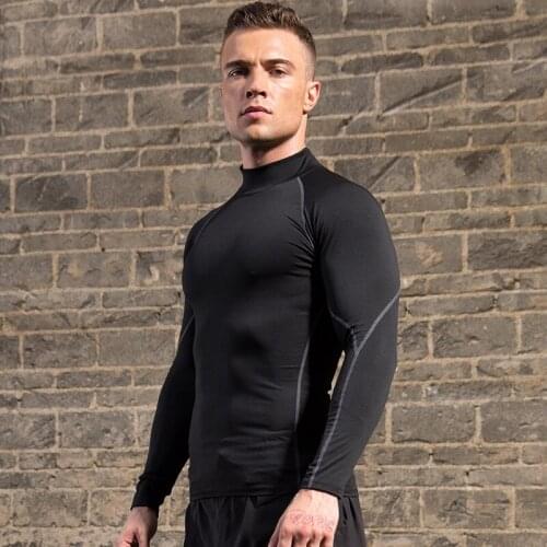 Fashion Men Turtleneck Fitness Long Sleeve Sports Running T-Shirt Breathable Quick Dry Flexible Plus Size Clothes Pullover