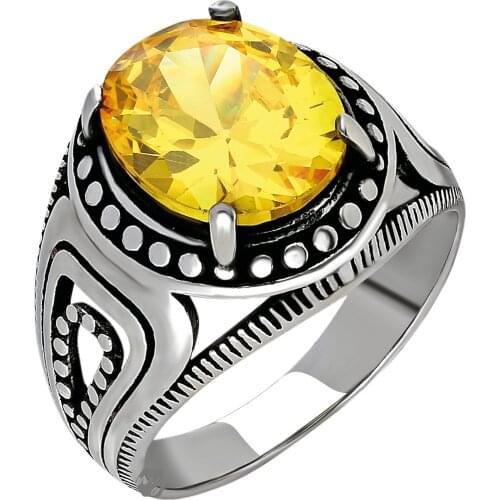 Solid 925 Sterling Silver Citrine Stone Mens Ring