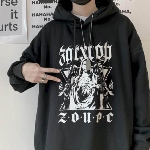 Autumn winter gothic hoodies men clothes punk tops Korean ins retro dark character print loose plus velvet hooded sweater coat