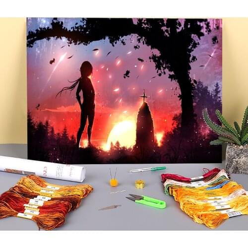 Scenery The Grave Printed Fabric 11CT Cross Stitch Embroidery Kit DMC Threads Sewing Handicraft Knitting Hobby For Mulina