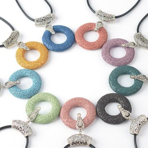 Delicate Natural Stone Volcanic Lava Colorful Hollow Round Metal Edging Pendant Fashion Sweater Chain Jewelry Necklace Best Gift