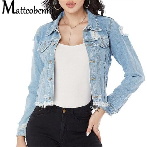 2021 Women Sexy Ripped Denim Jackets Vintage Casual Short Jean Jacket Puff Sleeve Spring And Autumn New Female Coat Streetwear