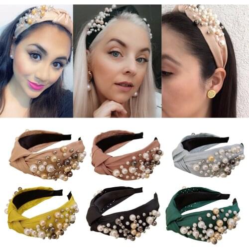Vintage Pearl Headbands for Women Wide Headband Knot Turban Headbands Hairband with Faux Pearl Hair Hoops Accessories