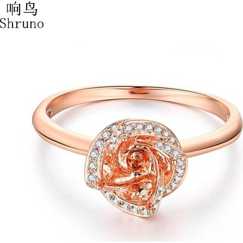 Shruno Round 6.5mm Solid 14K Rose Gold AU585 Pave Natural Diamonds Women Fine Jewelry Semi Mount Engagement Wedding Ring Gift