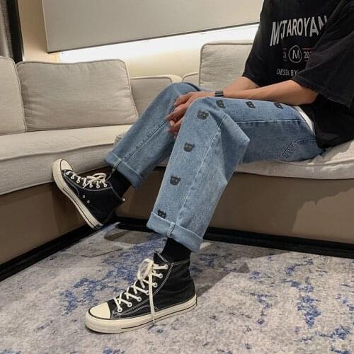 Retro Blue Jeans Loose Casual Print Bear All-match Straight-leg Pants Thin Streetwear Trend Hip-hop Summer Denim Trousers Men