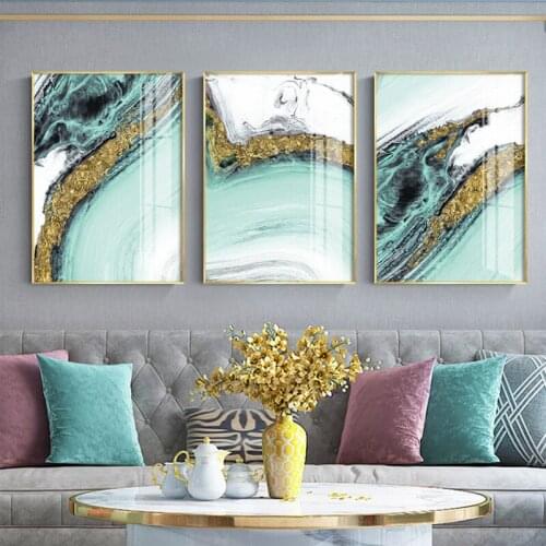 Modern Abstract Green Golden Canvas Art Fashion Blue Posters and Prints Wall Pictures for Living Room Home Stylish Cuadro Decor