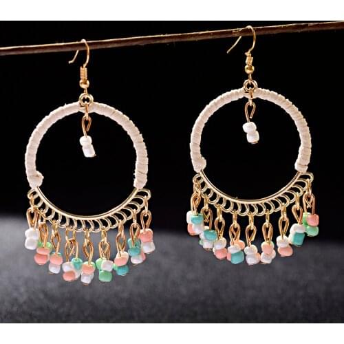 TopHanqi 2019 New Bijoux Womens Boho Big Round Blue Acrylic Beads Tassel Drop Earrings Fashion Jewelry Accessories pendientes