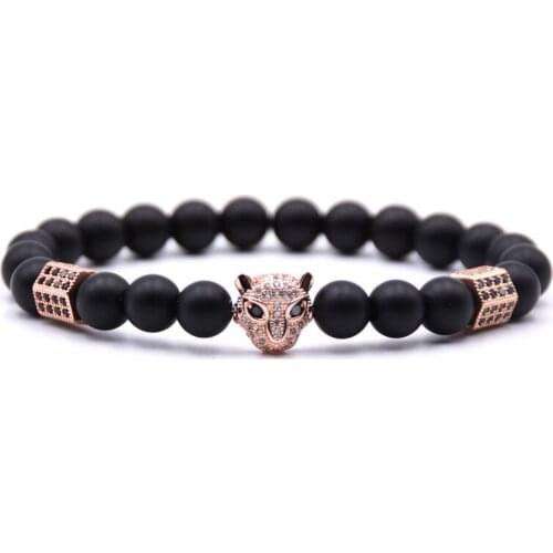 Trendy Couple Bracelets CZ Copper Leopard Head Charm Bracelets for women Frosted black matte Stone Bracelet men pulseras