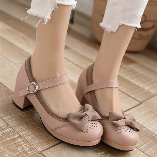 COOLULU Lolita Mary Janes Shoes Women Medium Heels Platform Block Heel Sweet Pumps Bow Buckle Ladies Footwear Pink Large Size 43
