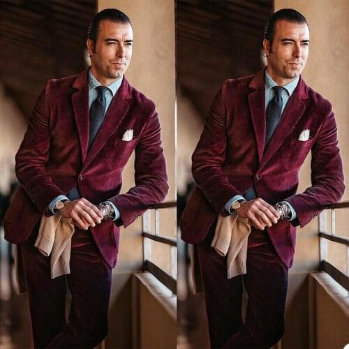 Spring/Summer Vintage Mens Suits For Wedding Elegant Corduroy 2 Piece Tuxedos Slim Fit Notch Lapel Business Wine Jacket+Pants