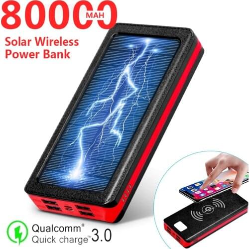80000mAh Solar Wireless Power Bank with 4 USB Ports LED Light Large Capacity Fast Charger External Battery For Xiaomi IPhone