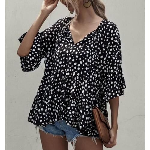 Women V Neck Polka Dot Print Tops Flare Sleeve Ruffles Doll Shirts Casual Loose Boho Short Sleeve Chiffon Blouses 2021 New