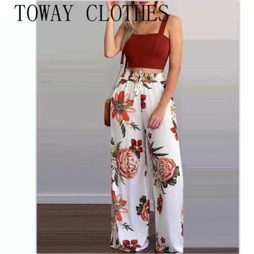 Summer Women Square Neck Plain Tank Crop Top & Floran Print Wide Leg Pants Set