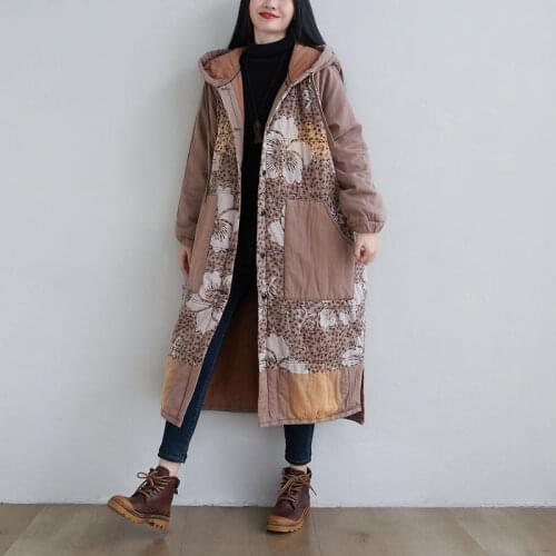 Women Printed Padded Long Coat Outerwear Parkas Ladies Vintage Hooded Coat Female 2020 Winter Parkas