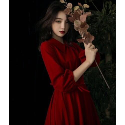 2021 Bride Burgundy Turn-down-collar Long A-line Evening Dress Long Sleeve Party Gown XS S M L XL XXL