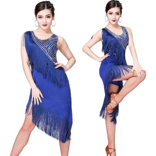 Z Women Wire Free O-Neck Solid Adult Sleeveless Sequins Fringed Latin Salsa Dance Dress Performance Clothes Exercise Clothes