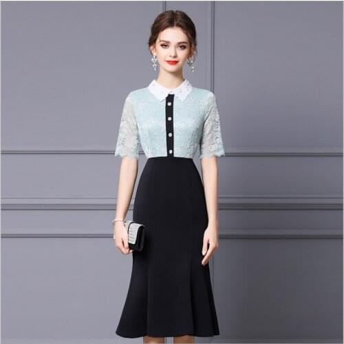 Woman Turn-Down Collar Green And Black Lace Trumpet Half Sleeve Elegant OL Lady Dress Sweet Button Flower Summer Shinny Mermaid