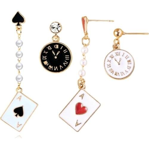 Golden Hearts Fantasy Clock Poker Cute Asymmetrical Spades A Earrings