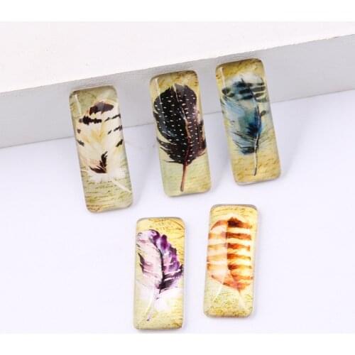 Onwear 20pcs mix vintage feather photo rectangular glass cabochon 10x30mm diy flat back handmade jewelry findings for pendants