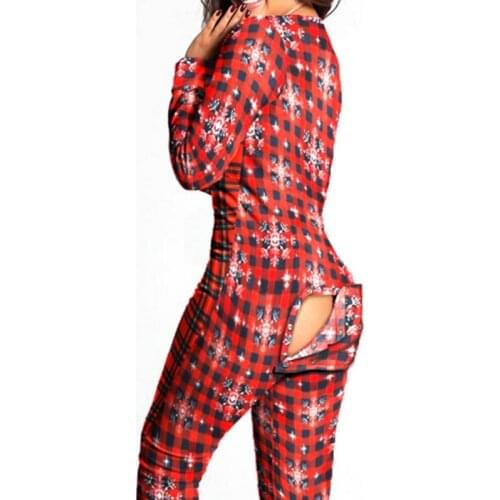 2020 Sexy Womens Printed Onesies Button-down Open Ass Functional Button Flap Adult Pajamas V-neck Sleepwear Christmas