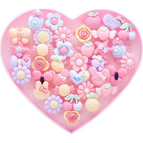 36PCS Kids Cartoon Resin Rings with Heart Shaped Display Case Dress Up Rings Toys for Girls