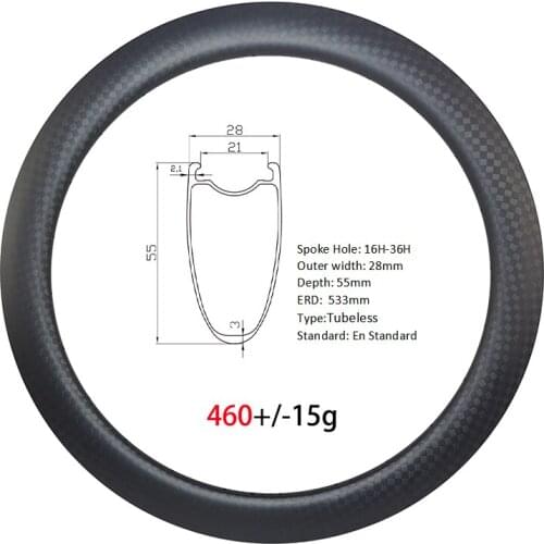 460g UL 700c 55mm gravel bike clincher tubeless road disc carbon rim 28mm wide 21mm inner wide 12K matte glossy 20H 24H 28H 32H