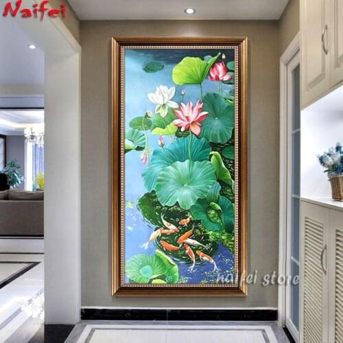 Diamond Painting Chinese Porch Decorative Painting Vertical Aisle Corridor Study Room Painting Lotus Nine Fish