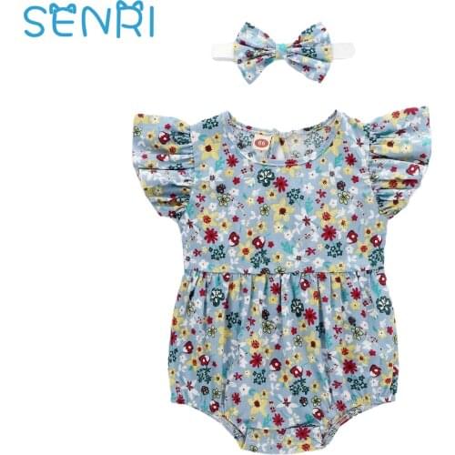 Baby Girls Floral Ruffle Bodysuits+Headband 2pcs Sets Print Fly Sleeve Romper Floral Jumpsuit Infant Summer Toddler Clothes Set