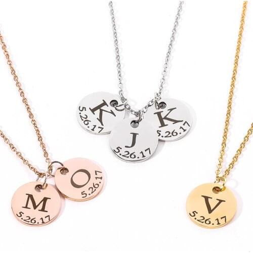 Custom Engraving letter Necklaces Stainless Steel Personalized nameplate Logo round Info Coin Necklaces for Women Man Mom Gifts