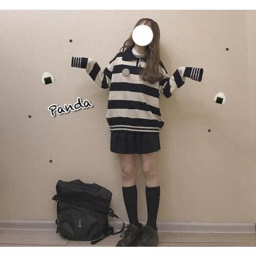 Panda Cute Womens Striped Knitted Sweater Turn-down Collar Pullovers Long Sleeve Fall,Winter Sweaters Cute Girls