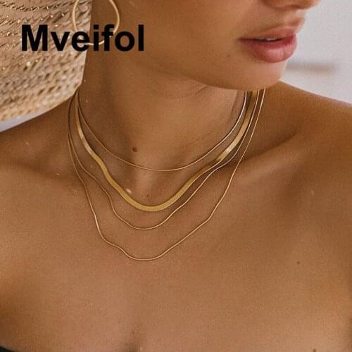 Mveifol Stainless Steel Multi Layered Necklace Herringbone Flat Snake Chain Choker Necklace for Women Collar Collier Jewelry