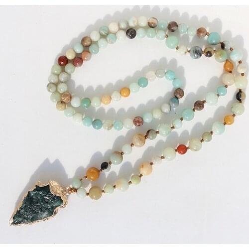 FANCY SCANDAL Amazonite Stones Rosary Chain Arrowhead Pendant Mala Necklace Handmade Women Natural Stone Bead Long Necklace