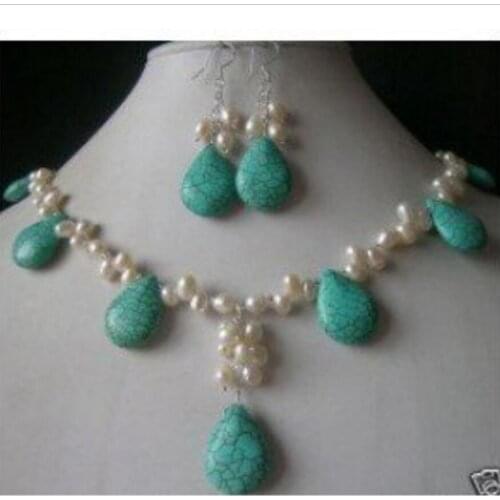 Hot sell new - Charming Jewelry whiet pearl & turquoise necklace earring Fashion