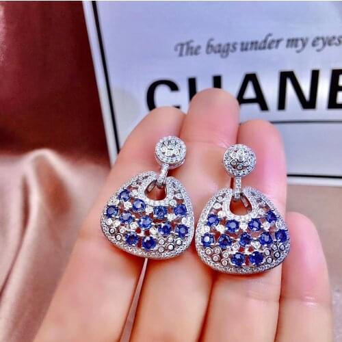 Personality ancient Fan wallet natural blue sapphire drop earrings Natural gemstone earrings S925 silver girl gift jewelry