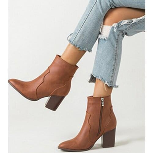 2020 autumn and winter motorcycle western cowboy boots ladies soft PU leather high heels high ankle boots