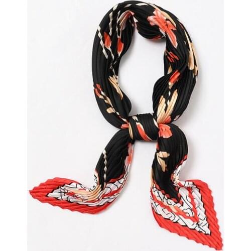 Yishine 55*55cm Flowers Pleated Stretchy Square Crinkle Silk Satin Scarf Women Crumple Neckwear Handkerchief