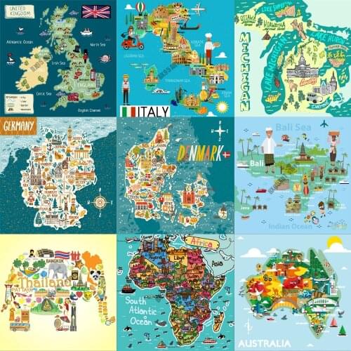 Full Square Drill Diamond Painting Cartoon World Country Travel Map Cross Stitch Kits Mosaic Diamond Embroidery Home Decoration