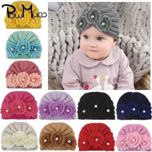 Powmuco Fashion Autumn and Winter Warm Knitting Wool Hats Baby Girls Solid Color Flowers Caps Kids Accessories Photography Props