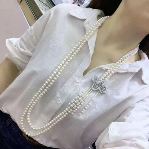 Hand knotted 100-110cm 2strands white freshwater pearl micro inlay zircon accessories tassel pendant necklace fashion jewelry