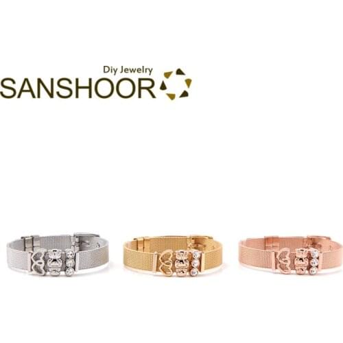 SANSHOOR Stainless Steel Mesh Armband Keeper Bracelet Set Interlocking Heart Owl Sparkling Trio Slide Charms Women DIY Jewelry