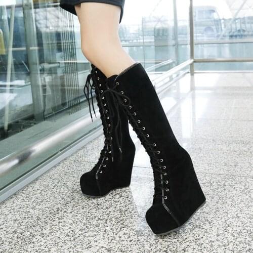 Zatsopano Brand New Zip Wedges High Heels Increasing Platform Shoes For Women Casual Winter Knee High Boots Big Size 34-43