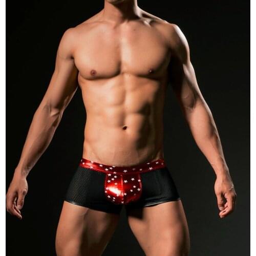Sexy Breathable Boxers Foil Stamping Star Sexy Men Faux Leather Underwear Boxers Shorts U Convex Bag Gay Club Acting Shirt Dance
