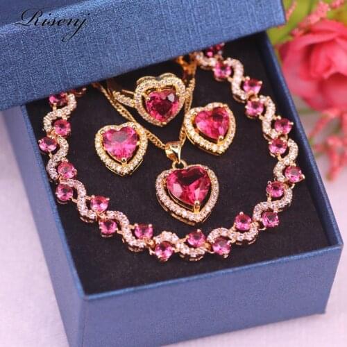 Heart Square Rose Gold Jewelry For Women Stud Earrings Ring Necklace With Bracelet Set Bridal Jewelry Big Promotion