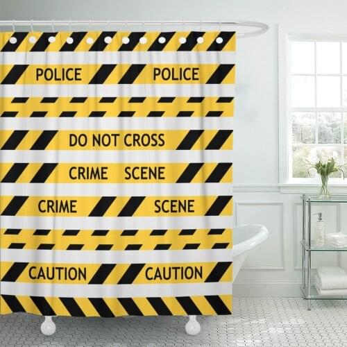 Yellow Police Tape Enclosing for Forensics and with Black Diagonal Stripes Fencing Off The Crime Scene Shower Curtains