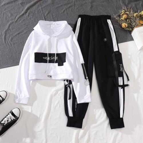 2021 Spring Autumn Female Streetwear Cargo Pants Loose High Waist Joggers Women 2 Piece Long Sleeve Top With Casual Trousers